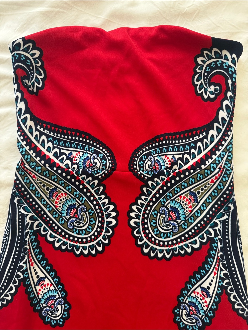 Strapless Red Paisley-Print Dress - Picture 3 of 6